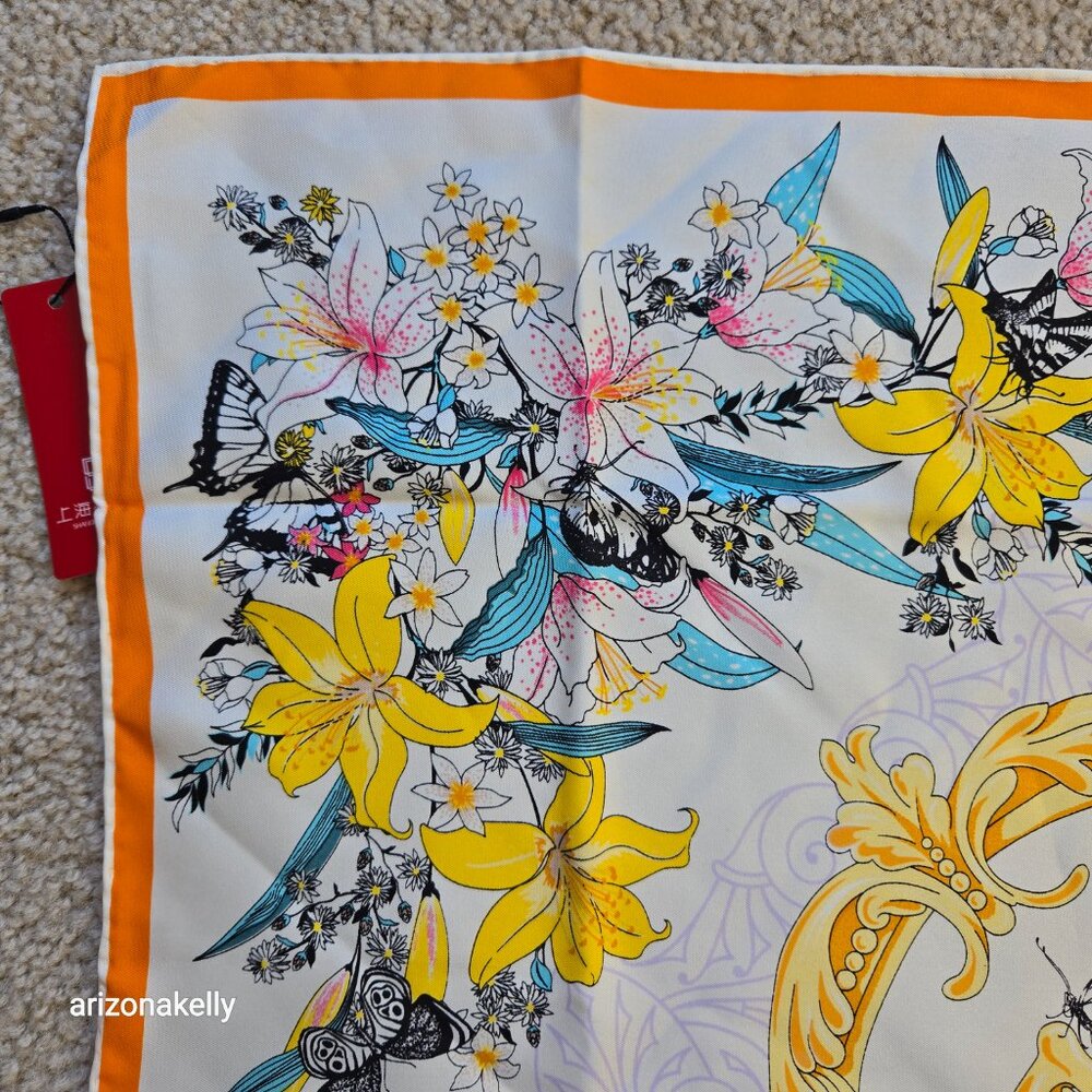 NWT Silk Scarf Hand Rolled Floral Violin Butterflies - Picture 5 of 8